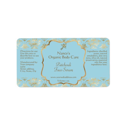 Baby Blue gold foil damask dropper bottle label (Voorkant)