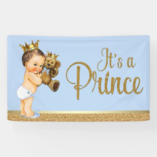 Baby Blue Gold Prince Teddy Bear Baby shower Spandoek (Horizontaal)