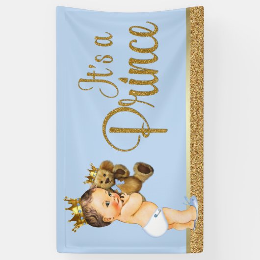 Baby Blue Gold Prince Teddy Bear Baby shower Spandoek (Verticaal)