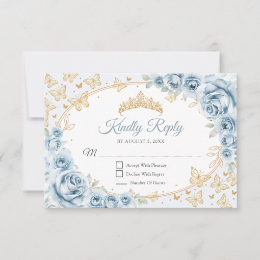 Baby Blue Gold Quinceanera Reply RSVP Kaartje (Voorkant)