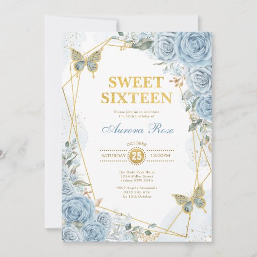 Baby Blue Gold Sweet 16 vlinder geometrisch Lijst Kaart (Voorkant)