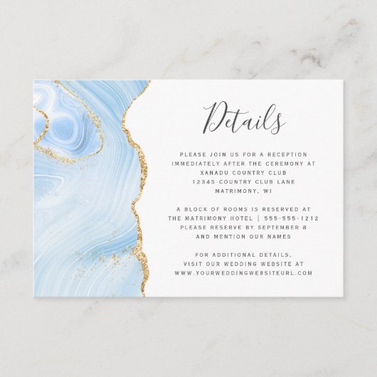Baby Blue Gold Waterverf Agate Wedding Details Informatiekaartje (Voorkant)