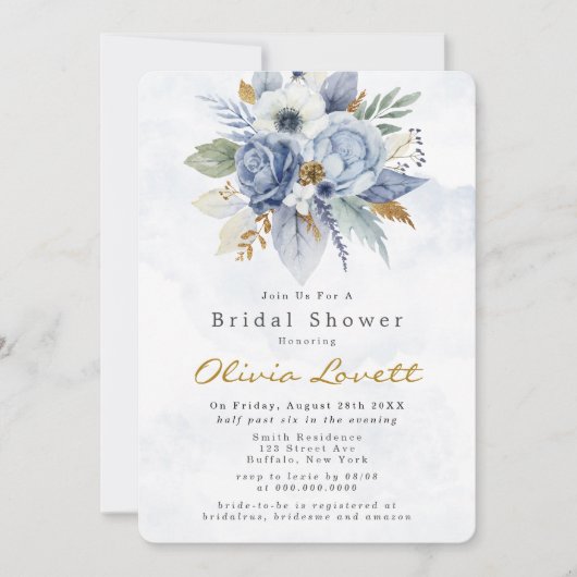 Baby Blue Gold Waterverf Peony Chic Vrijgezellenfe Kaart (Voorkant)