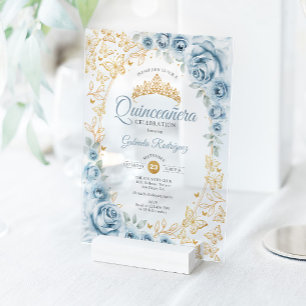 Baby Blue Gouden Bloemige Quinceanera Acryl Uitnodigingen