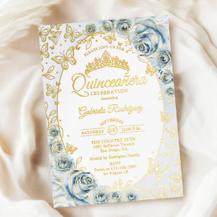 Baby Blue Gouden Bloemige Quinceanera Folie Uitnodiging