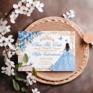 Baby Blue Gouden Bloemige Quinceanera Save The Date