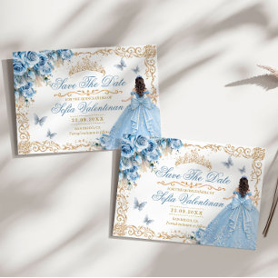 Baby Blue Gouden Bloemige Quinceanera Save The Date