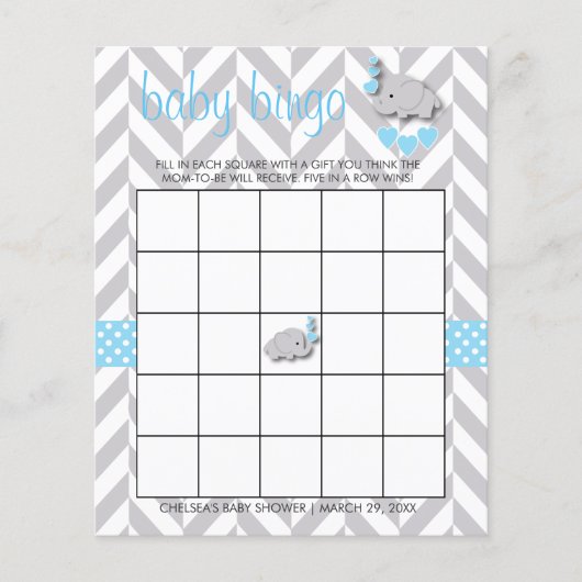 Baby Blue & Grey Elephant Baby shower - Bingo Flyer (Voorkant)