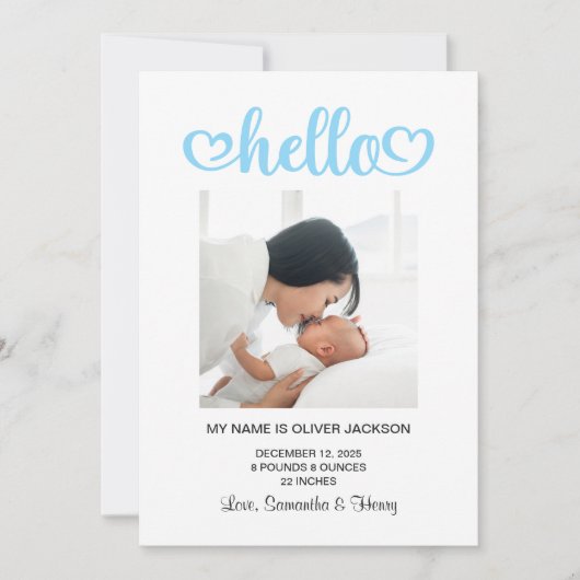 Baby Blue Hello Hearts Script Geboorte Aankondiging (Voorkant)