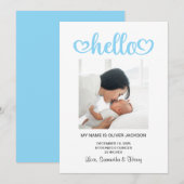 Baby Blue Hello Hearts Script Geboorte Aankondiging (Voorkant / Achterkant)