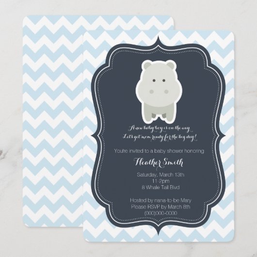 Baby Blue Hippo-uitnodiging Kaart (Voorkant / Achterkant)