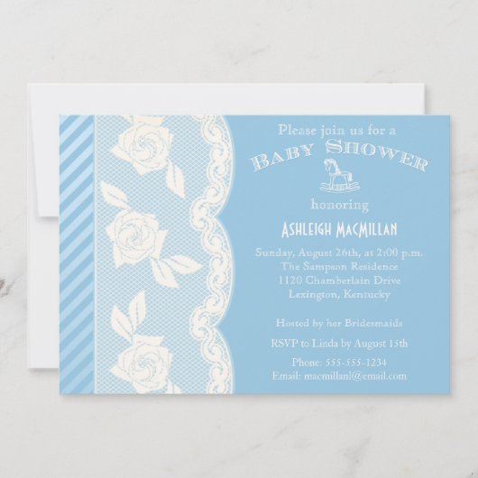 Baby Blue, Ivory Floral Lace Baby shower Invite Kaart (Voorkant)
