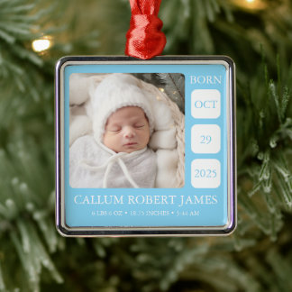 Baby Blue Jongen Geboorte Stats Metaal Foto Orname Metalen Ornament