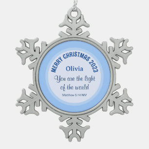 Baby Blue Kerstmis Christelijke Bijbelvers Naam Tin Sneeuwvlok Ornament