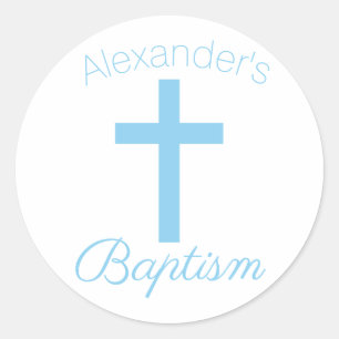 Baby Blue Kruis met aangepaste naam Doop Ronde Sticker