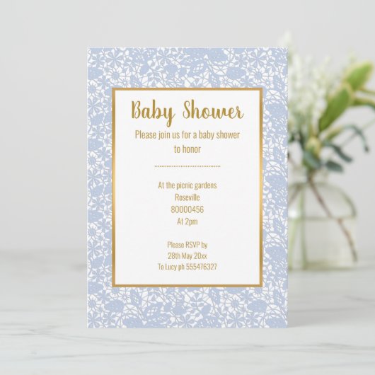 BABY BLUE LACE GOLD TRIM ELEGANT BABY SHOWER KAART (Staand voorkant)