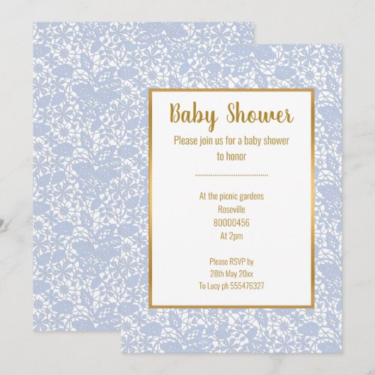 BABY BLUE LACE GOLD TRIM ELEGANT BABY SHOWER KAART (Voorkant / Achterkant)