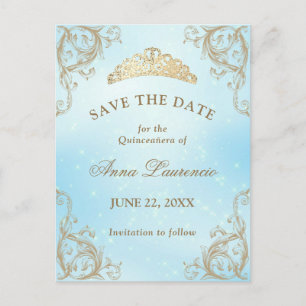 Baby Blue Licht Gouden Quinceanera Save The Date Briefkaart