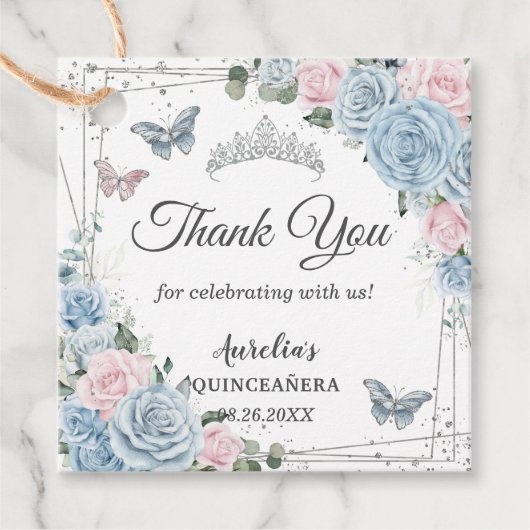 Baby Blue Licht Roze Bloem Vlinder Quinceañera Bedankjes Labels (Voorkant)
