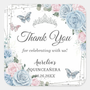 Baby Blue Licht Roze Bloem Vlinder Quinceañera Vierkante Sticker