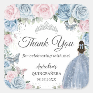 Baby Blue Licht Roze Bloemige Prinses Quinceañera Vierkante Sticker