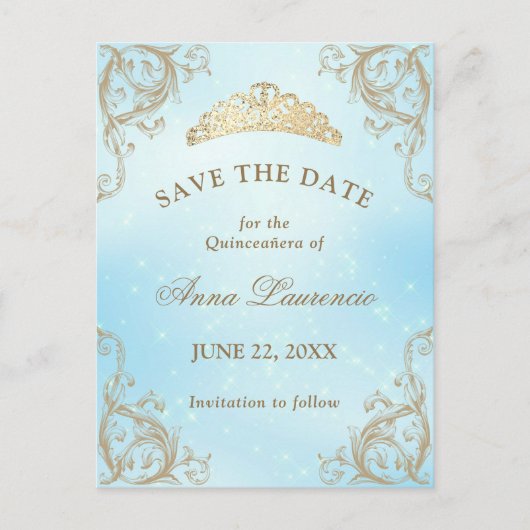 Baby Blue Light Goud Quinceanera Save The Date Briefkaart (Voorkant)