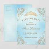 Baby Blue Light Gouden Quinceanera Save The Date Briefkaart (Voorkant / Achterkant)