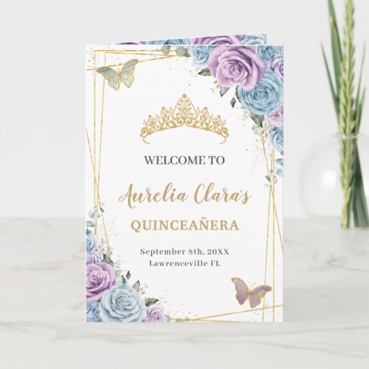 Baby Blue Lila Floral Quinceañera Orde van Eveneme Programma (Voorkant)