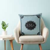 Baby Blue Linen Texture Black Lijst & Monogram Kussen (Stoel)