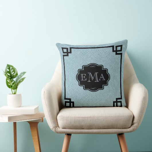 Baby Blue Linen Texture Black Lijst & Monogram Kussen (Stoel)