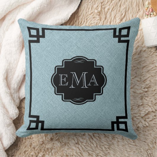 Baby Blue Linen Texture Black Lijst & Monogram Kussen (Deken)