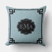 Baby Blue Linen Texture Black Lijst & Monogram Kussen (Voorkant)