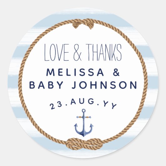 Baby Blue Love & Bedankt Nautical Baby shower Favo Ronde Sticker (Voorkant)