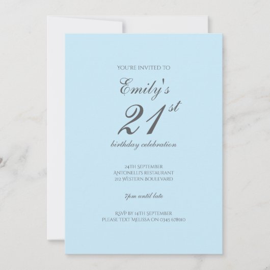 Baby Blue Minimalist 21st Birthday Invitation Kaart (Voorkant)