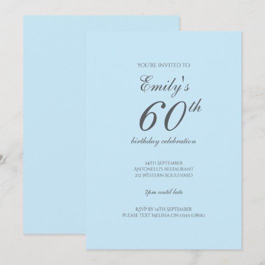 Baby Blue Minimalist 60ste verjaardag Uitnodiging (Voorkant / Achterkant)
