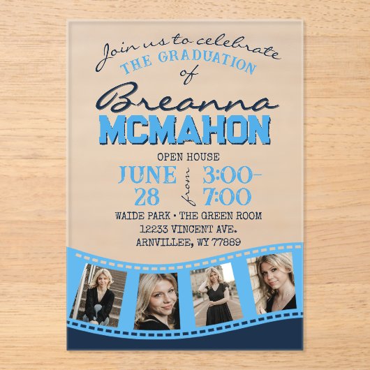 Baby Blue & Navy Filmstrip Afstuderen Frosted Acryl Uitnodigingen (Voorkant)