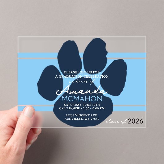 Baby Blue & Navy Pawprint Afstuderen Elegant Acryl Uitnodigingen (Insitu (Draagbaar))