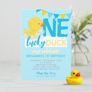 Baby Blue One Lucky Duck Waterverf 1e verjaardag Kaart