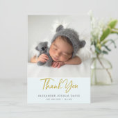 Baby blue pastel baby bedankt je kaart met foto (Staand voorkant)