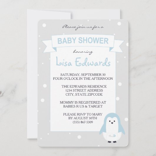 Baby Blue Penguin Baby shower Kaart (Voorkant)