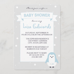 Baby Blue Penguin Baby shower Uitnodiging