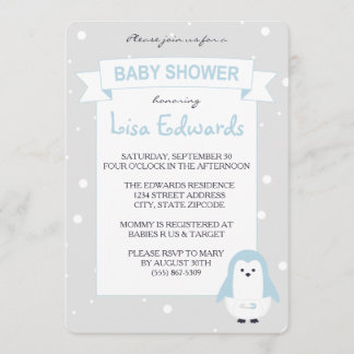 Baby Blue Penguin Baby shower Uitnodiging