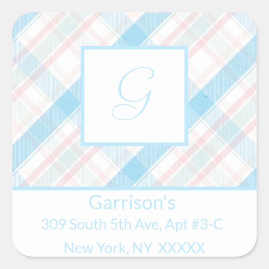 Baby Blue & Pink Plaid Retour Adres Label Seal (Voorkant)