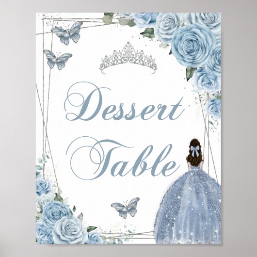Baby Blue Princess Butterflies Silver Dessert Sign Poster (Voorkant)