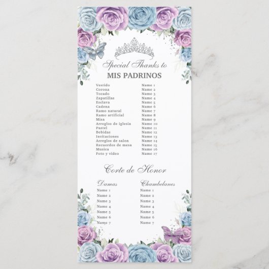Baby Blue Purple Floral Quinceañera Order Events Programmakaart (Achterkant)