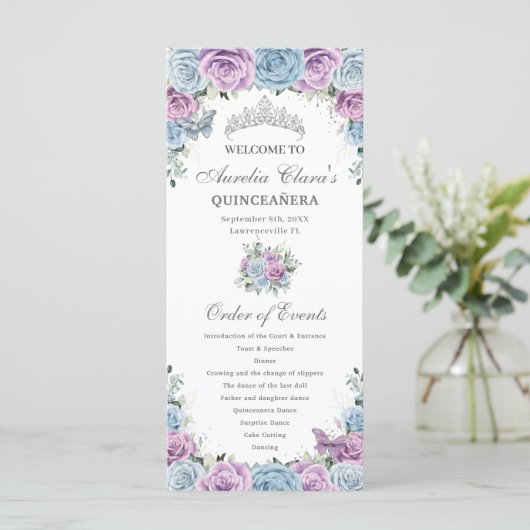 Baby Blue Purple Floral Quinceañera Order Events Programmakaart (Staand voorkant)