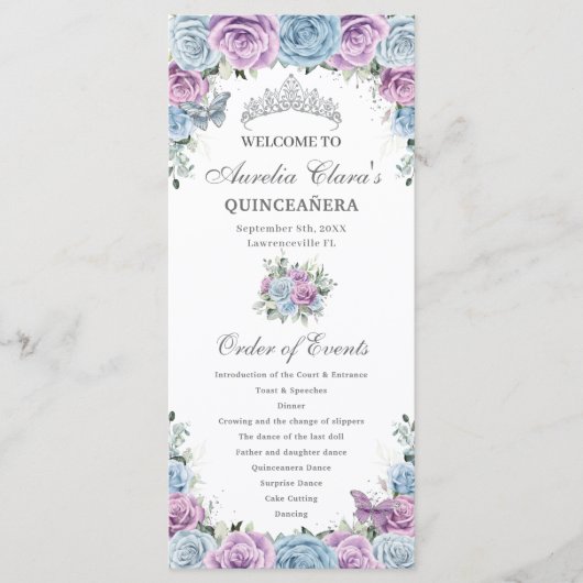 Baby Blue Purple Floral Quinceañera Order Events Programmakaart (Voorkant)