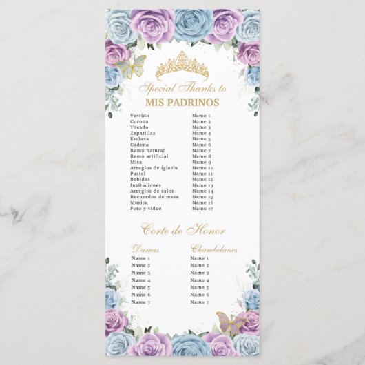 Baby Blue Purple Floral Quinceañera Order Events Programmakaart (Achterkant)