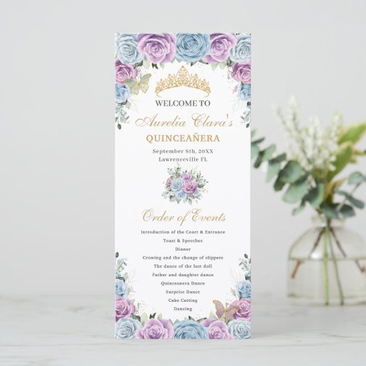 Baby Blue Purple Floral Quinceañera Order Events Programmakaart (Staand voorkant)