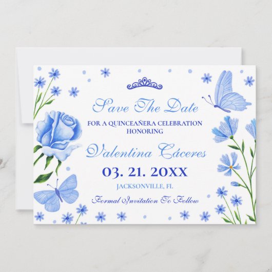 Baby Blue Quinceañera 15e Verjaardagsfeest Opslaan Save The Date (Voorkant)